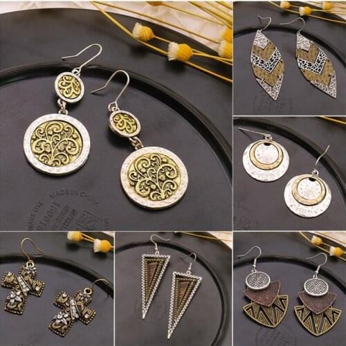 Bohemian style new retro fashion simple atmospheric cross geometric circle triangle hollow flower lady earrings wholesale