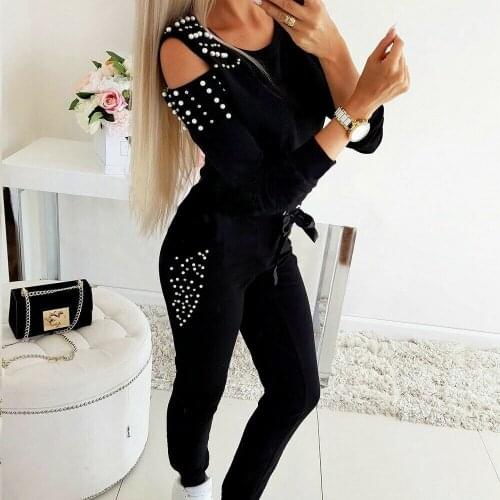 Autumn Spring Fashion Solid Lady Tracksuit Rhinestone Women Clothes Set Long Sleeve Strapless Sweatshirt Pants Sets Casual Suit