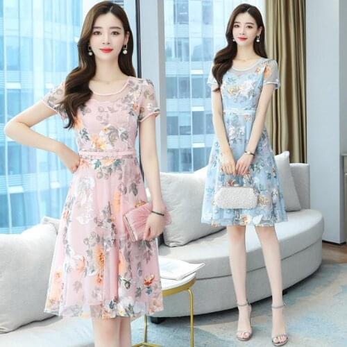 Bohemian Korean Chiffon Dress Floral Vestidos Office Ladies Elegant 2021 Slim Women High Waist Midi Party Dresses