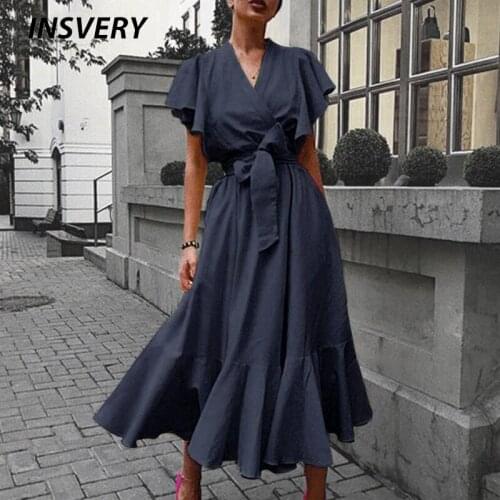 Women Vintage V-neck Ruffle Party Dress 2021 Spring High Waist Lace-up Bow Long Dress Summer Butterfly Short Sleeve A-Line Dress