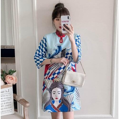 2021 Plus Size 3XL 4XL Party Casual Blue Qipao Traditional Chinese Clothing Vintage Modern Improved Cheongsam Dress for Women