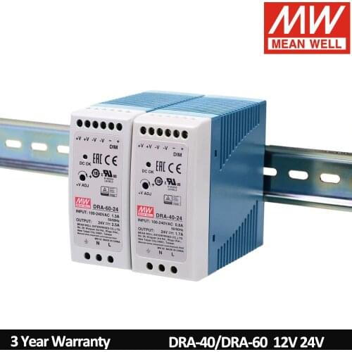 MEAN WELL DRA-40-12 DRA-40-24 DRA-60-12 DRA-60-24 DIN Rail Switching Power Supply 110V/220V AC To DC 12V 24V Meanwell SMPS