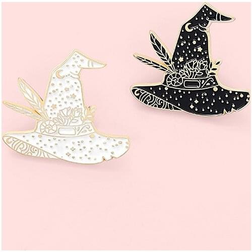 Witch Hat Enamel Pin Black White Wizard Brooch Bag Clothes Lapel Pin Badge Dark Punk Gothic Jewelry Gift for Friends
