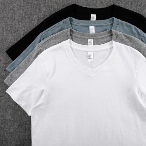 210g Cotton V-neck Short-sleeved T-shirt Pure Color Simple Retro Loose Seamless Classic Black and White Gray T-shirt for Men