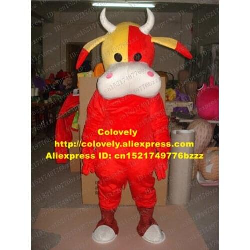 Cool Red Ox Bull Mascot Costume Mascotte Cow Bovini Calf Cattle With Yellow Red Hear Ears White Red Nose Adult No.1893 Free Ship