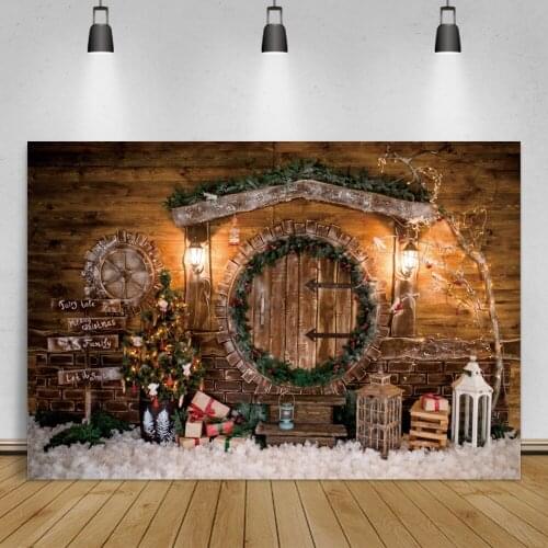 Laeacco Christmas Wreath Wooden Round Door Photo Backdrop Winter Snow View Child Portrait Photocall Poster Photograph Background