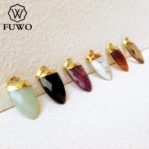 FUWO Multicolor Gems Stone Horn Pendant 24K Gold Electroplated High Quality Carved Tiny Quartz Boho Jewelry For DIY Making PD116