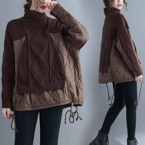 Fashion 2021 Turtleneck Jumpers Knit Argyle Sweater Womens Patchwork Cotton Padded Pullovers Drawstring Knitwear Faux Two Cloth