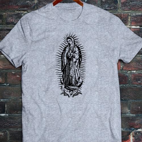 2019 Men T Shirt Fashion O-Neck Tshirt Homme Virgin Mary Virgen De Guadalupe Jesus Catholic Mens Gray T-Shirtcool Tees