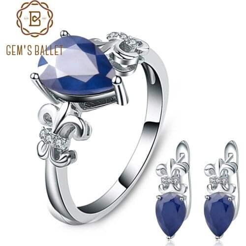 GEMS BALLET Hot Fine Jewelry Natural Blue Sapphire Gemstone Rings Clip Earrings Genuine 925 Sterling Silver Set For Women Gift