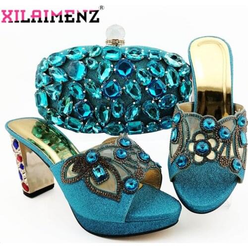 Sky Blue Spring Special Design Nigerian Ladies Shoes and Bag to Match with Shinning Crystal Women Slipper for Wedding and Party