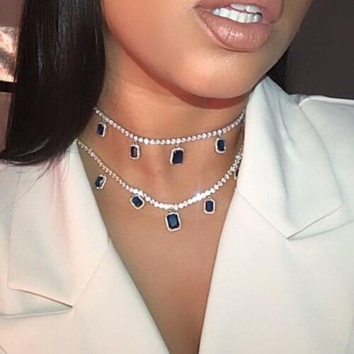 2020 New Simple Bling Rope Tennis Chain Necklace Women Blue Red Crystal Stone Pendant Necklace Men Ladies Gold Silver Plated