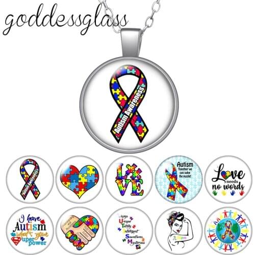 Autism Awareness Puzzle colorful Ribbon Love Round Glass glass cabochon silver plated/Crystal pendant necklace jewelry for Gift