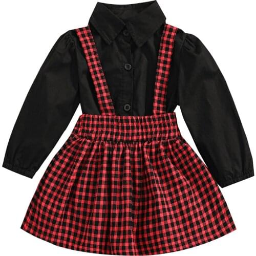 1-5Years Girls Casual Two-piece Clothes Set, Black Solid Color Blouse and Plaid Printed Pattern Suspender Skirt