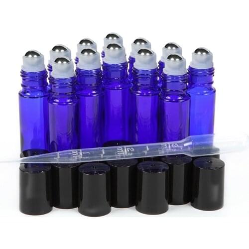 12pcs 10ml Essential Oil Roller Bottles Empty Cobalt Blue Glass with Stainless Steel Roll on Ball for Perfume Essential Oils