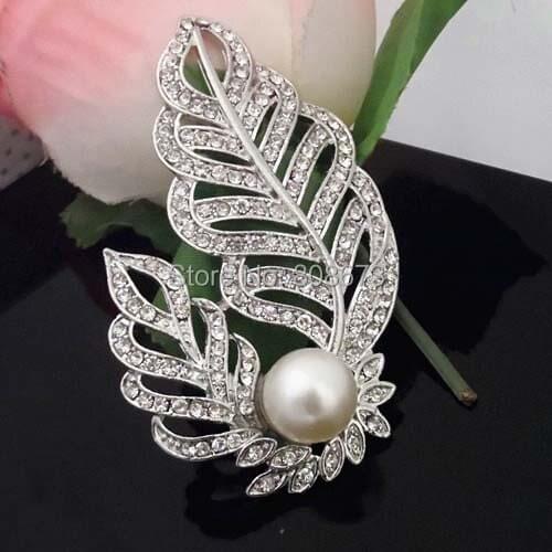 Retail!!3 Inch Large Vintage Rhodium Silver Tone Austrian Crystal Faux Pearl Leaf Brooch Women Costume Pin Brooches