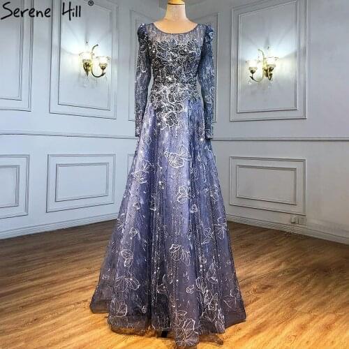 Serene Hill Muslim Luxury Blue Evening Dresses Gowns 2021 Lace Beaded A-Line For Woman Wedding Party LA71231