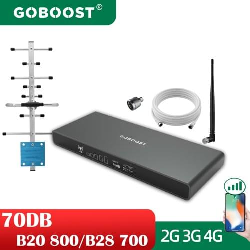 GOBOOST Amplifier 4G Cellular Signal Booster BAND20 28 700 800MHZ Network Repeater 70DB Display Cell Phone Antenna Kit for Home