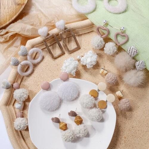 Lifefontier Lovely Beige Fur Ball Dangle Earrings Geometric PomPom Faux Fur Round Drop Earrings Women Fashion Brincos Pendientes