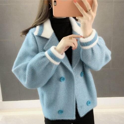 Imitation Mink Knitted Cardigan Sweater Women 2021 Autumn Winter Short Warm Coat Thick Loose Knit Tops Female Cardigan Jackets