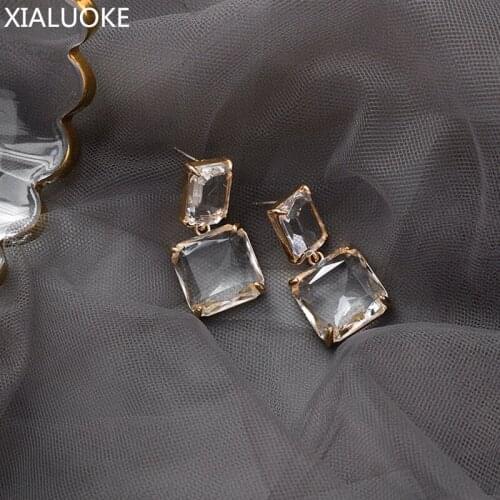 XIALUOKE Korean New Style Luxury Elegant Shiny Square Crystal Stud Earrings For Female Party Daily Jewelry For Women