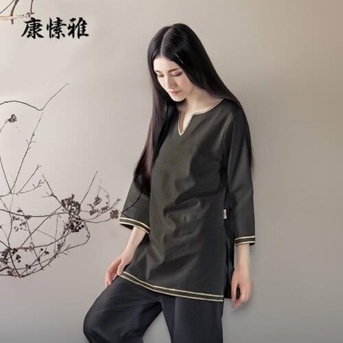 Women yoga wear cotton linen loose wide leg yoga pants Seven cuff yoga top Martial Arts Tai Chi Uniform Meditation Suit clothes