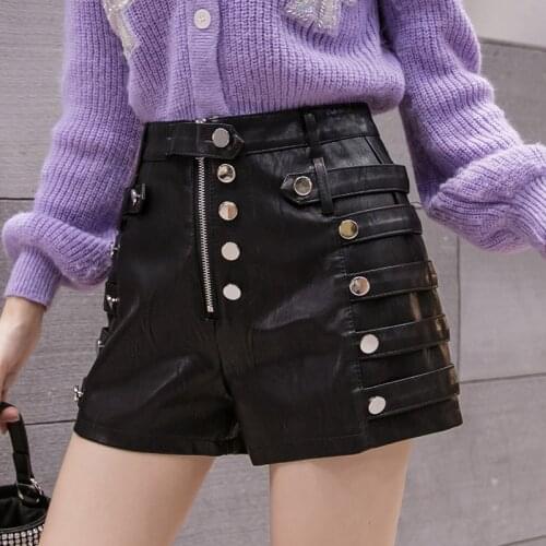 Women Black Color PU Leather High Waist Buttons Wide Leg Faux Leather Shorts Winter Loose PU Shorts Trousers