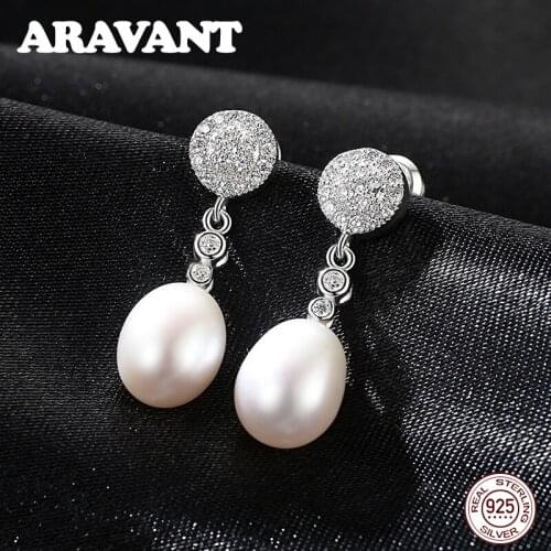 925 Sterling Silver Round Pave Zircon Freshwater Pearl Long Drop Earrings For Women Wedding Party Pearl Jewelry 3 Colors