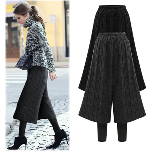 M-6XL Women Thicken Keep Warm Fake Two Pieces Wide Leg Pants + Leggings Winter Wool Pleated High Waist Outwear Harem Long Pants