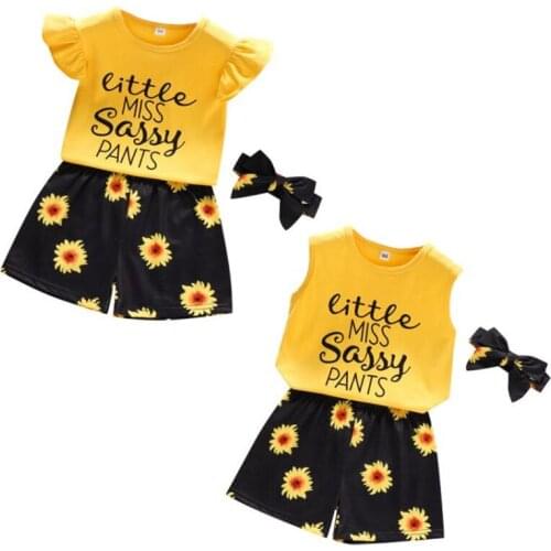 3Pcs Girls Clothes Set Flying Sleeve Tops Sleeveless O-neck T-shirt Sunflower Print Short Pant with Bow-knot Headband 2-6 Years