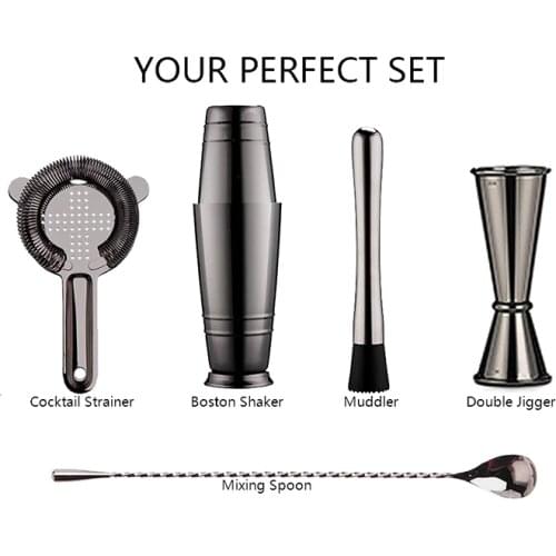 Durable Stainless Steel Boston Shake with Weighted Base Japanese Jigger Swizzle Stick Muddler Hawthorne Strainer Bartender Kit