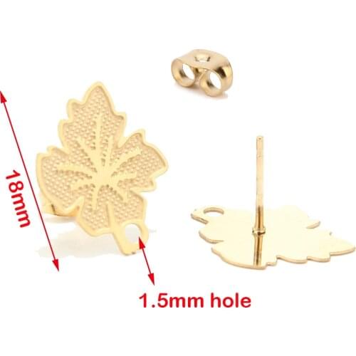 10pcs New Stainless Steel Gold Earring Findings Maple Ear Stud Posts with Loop Leaf Earring Post Ear Nuts