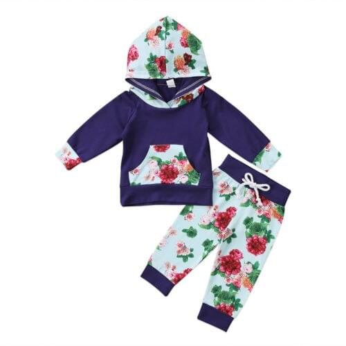 Infant Baby Clothing Sets Floral Panelled Hoode Sweater Tops Floral Pants 2pcs Casual Lucky Bebe Kids Clothes