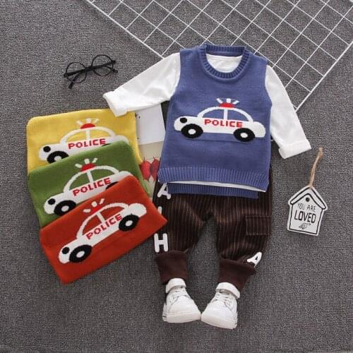 2021 New Kids Clothing Boys Cartoon Embroidery Sweater Vest + Letter Print Long Sleeved Tops + Trousers 3Pcs Casual Outfits Set