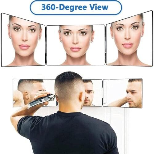 3 Way Trifold Mirror 360° Barber Mirror with Adjustable Height Brackets Portable DIY Hair Cutting Tool for Travel Bathroom