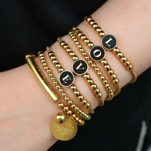 New Stainless Steel Letter Beads Bracelet Men Women 26 Alphabets Strand Gold Initials Name Bangle For Female Friendship Jewelry