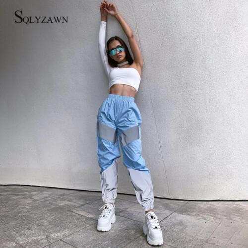 Reflective Color Block Patchwork Sweat Cargo Pants Women Streetwear High Waist Trousers Street Dance Autumn Harem Jogger Clothes
