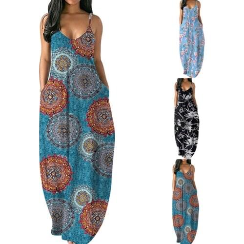 Women Spaghetti Strap Sexy V-Neck Maxi Long Dress Floral Print Pockets Sundress D0LF