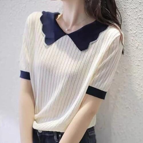 Harteen Summer Thin Knitted Tops Woman Ruffled Neck Hollow Korean Fashion Cute Tshirt Women Tee Shirt Femme Mujer camisetas