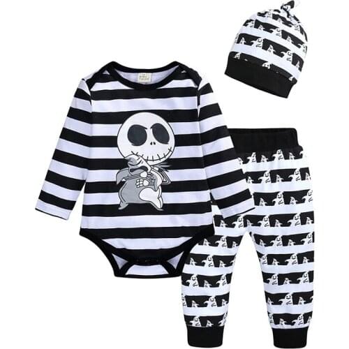 Halloween Baby Boy Clothes Sets Skull Bodysuits Pants Beanie Cotton Autumn Long Sleeve Tuxedo Girl Infant Outfits Newborn