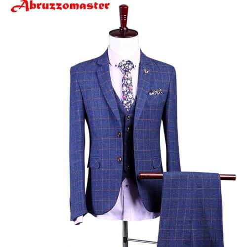 Tailored Man Suit Slim Fit Man Suit Damier Check Groom Tuxedos Groomsman Suit Worsted Wool Business Suit Jacket+pants+vest