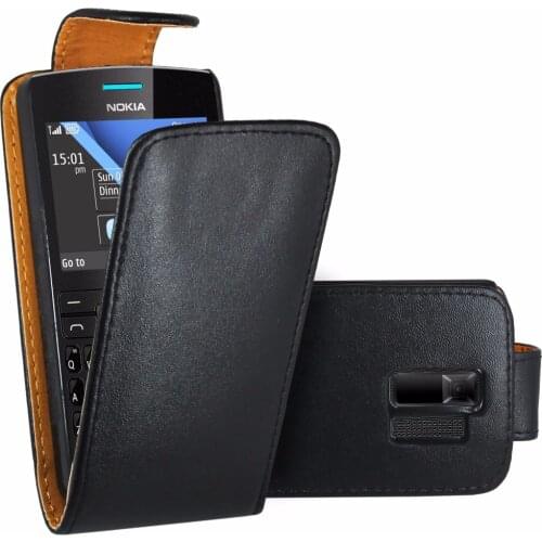Black Flip Premium Leather Skin Bag Case Cover For Nokia Asha 205 / Nokia Asha 205 Dual Sim