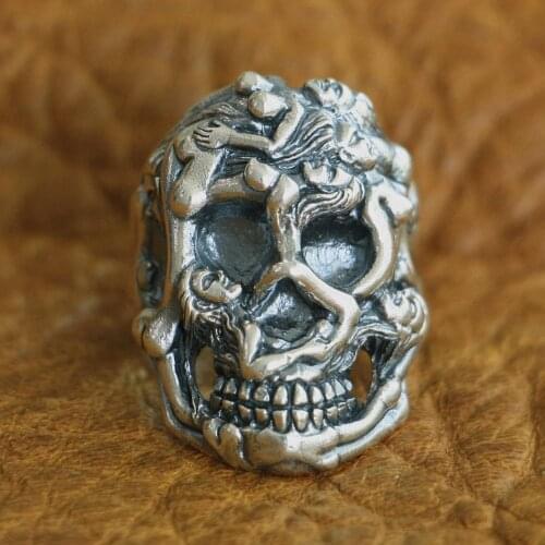 LINSION 925 Sterling Silver Sexy Naked Grils Skull Ring Mens Biker Punk Ring TA122 US Size 7~15