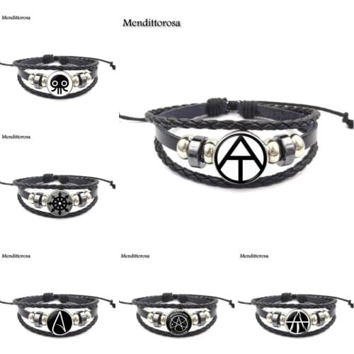 Mendittorosa Atheist Symbol Vintage Jewelry Plated Black Leather Bracelet Bangle For Women Party Gift