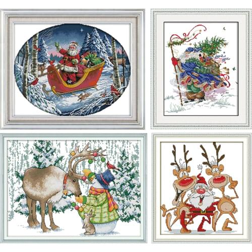Joy Sunday Stamped Cross Stitch Kits Santa and The Reindeer Patterns 14CT 11CT Print Counted Handmade Embroidery Needlework Sets