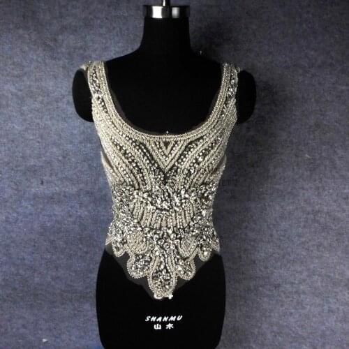 La Belleza Silver on nuder mesh Super hevery handmade rhinestones beads patch wedding dress accesories 3 piece one set
