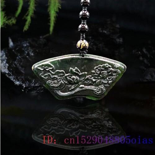 Jade Lotus Pendant Necklace Gifts Charm Black Green Obsidian Gemstone Natural Fashion Amulet Chinese Jewellery Carved