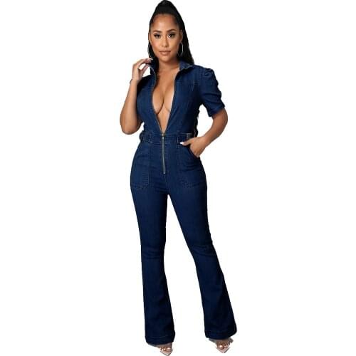 Casual Bodycon Denim Rompers Womens Jumpsuit 2021 Turn Down Collar Short Puff Sleeve Flare Overall Vintage Zipper Pocket Outfit