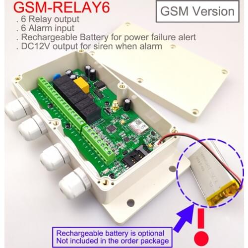 New version GSM Six relay output remote switch controller with 6 alarm input and Battery on board for power off alarm