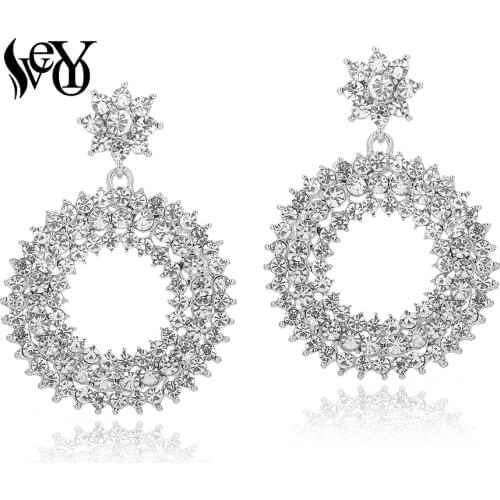 VEYO Luxury Hollow out Round Full Rhinestone Dangle Earrings for Women Trendy Drop Earrings Fashion Jewelry New Gift